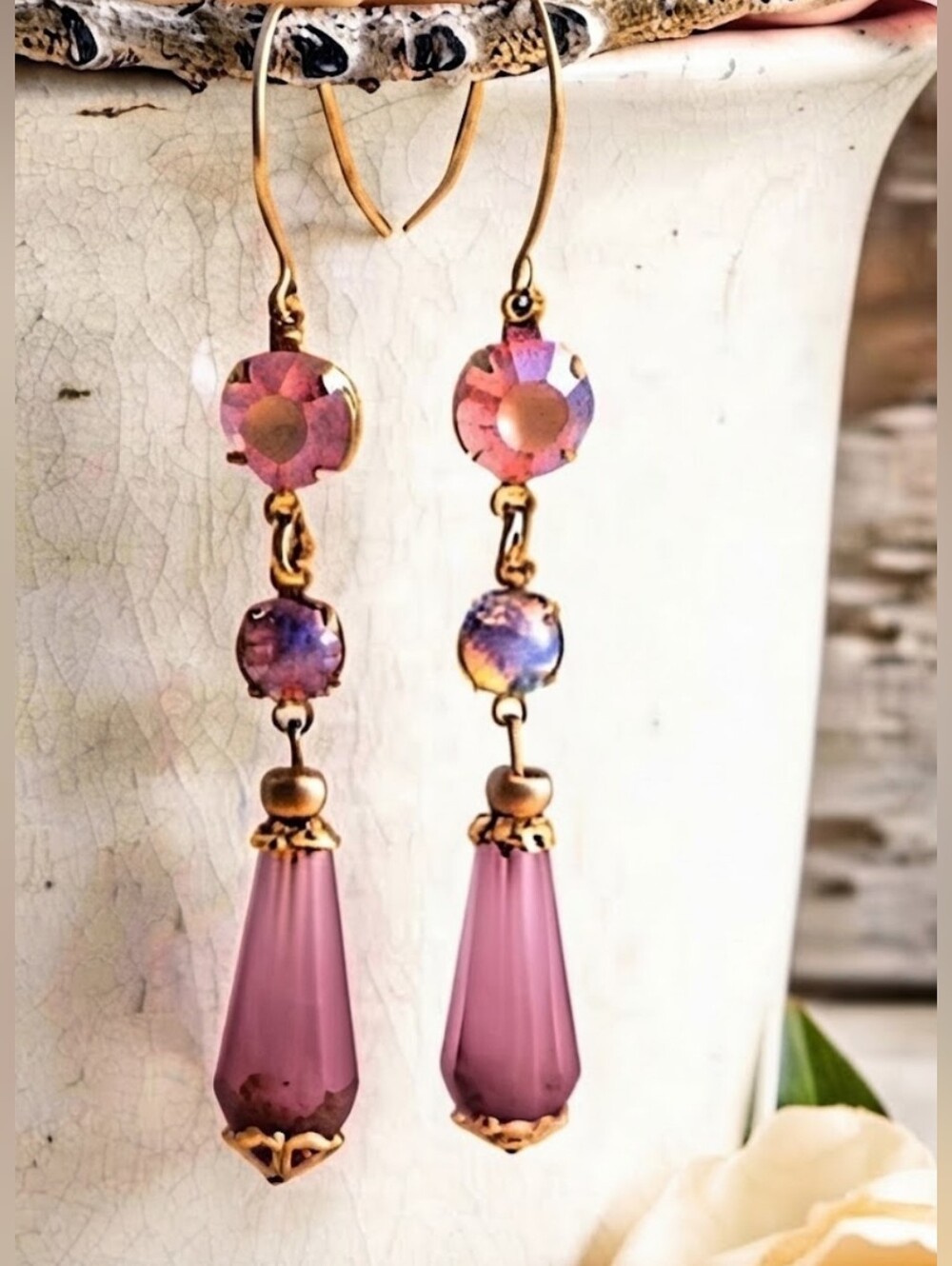 Victorian Pink Frosted Shimmering & Pink Fire Opal In Long Gold Plated Earrings